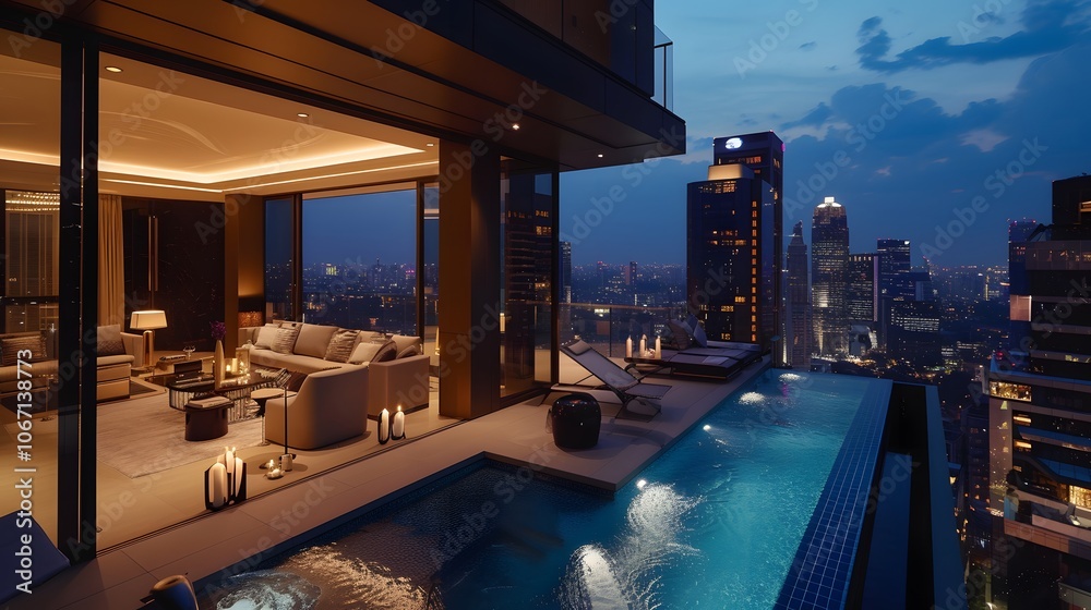 Penthouse suite atop a luxury city skyscraper AI generated illustration