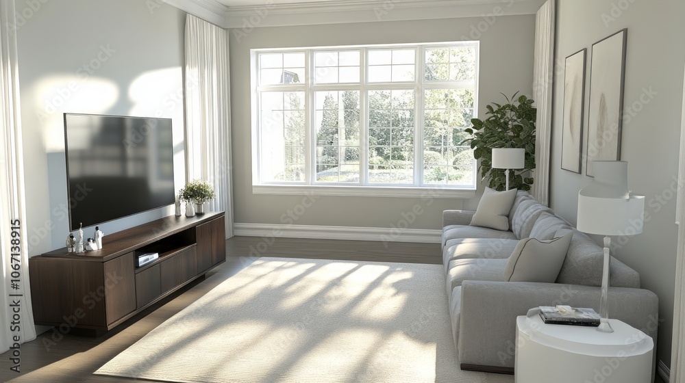 Modern Living Room with Large Window, Sofa, and TV Stand