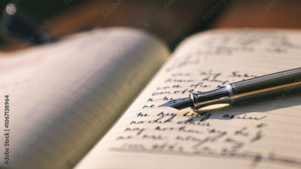 Fototapeta premium Fountain pen and handwritten notes on open journal in sunlight