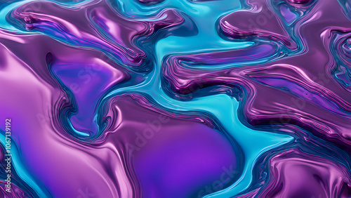 A vibrant chrome like liquid surface with neon blue and purple hues shimmering, Ai Generated