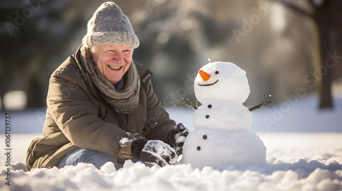 Happy Senior Man Building Snowman in Winter Snow