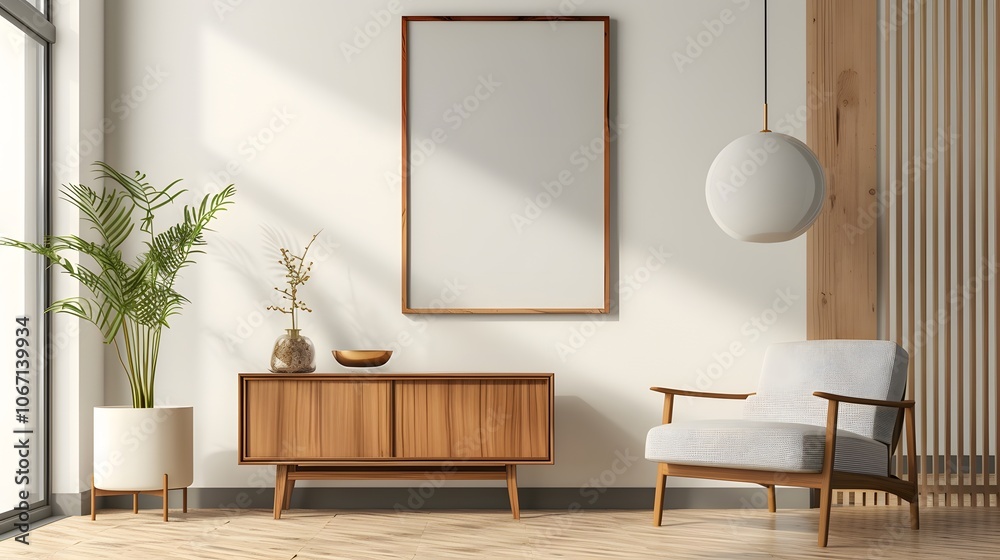 Fototapeta premium Popculture minimalist poster design with wooden frame in a modern interior AI generated illustration