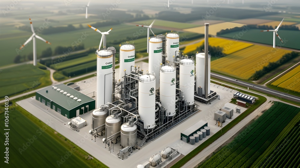 Aerial view of an eco friendly hydrogen production facility powered entirely by wind turbines and solar panels set amidst a picturesque rural landscape with green fields and cloudy skies Aerial view of an eco friendly hydrogen production facility powered entirely by wind turbines and solar panels set amidst a picturesque rural landscape with green fields and cloudy skies