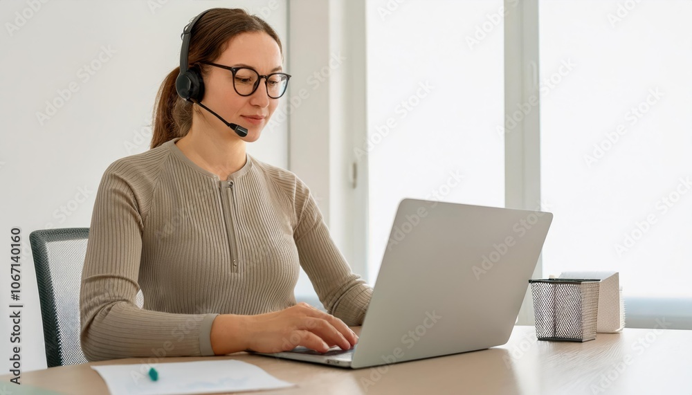 A woman working remotely on her laptop, wearing a headset with a microphone, during a virtual video team meeting A woman working remotely on her laptop, wearing a headset with a microphone, during a virtual video team meeting