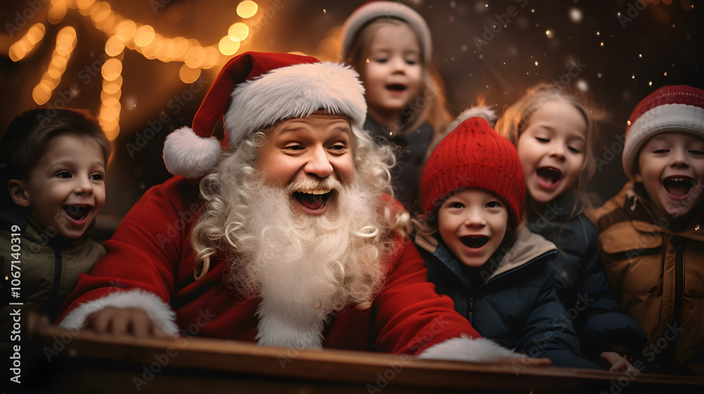 Santa Claus with Happy Children in Winter Wonderland Christmas Celebration Santa Claus with Happy Children in Winter Wonderland Christmas Celebration