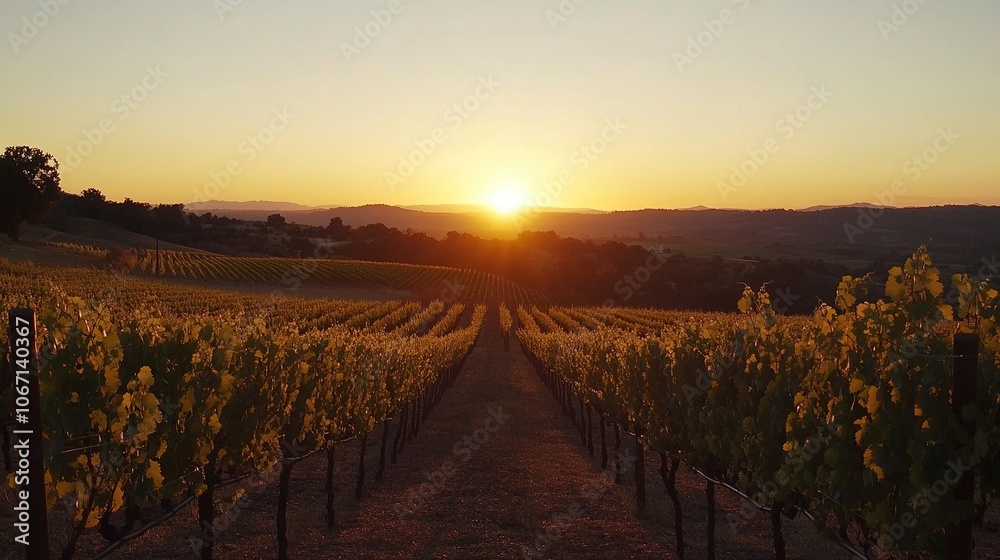 Fototapeta premium Sunset Over Vineyard Rows with Golden Light.