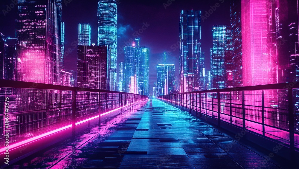 A digital art piece depicting an illuminated neon pink and blue bridge with futuristic skyscrapers A digital art piece depicting an illuminated neon pink and blue bridge with futuristic skyscrapers
