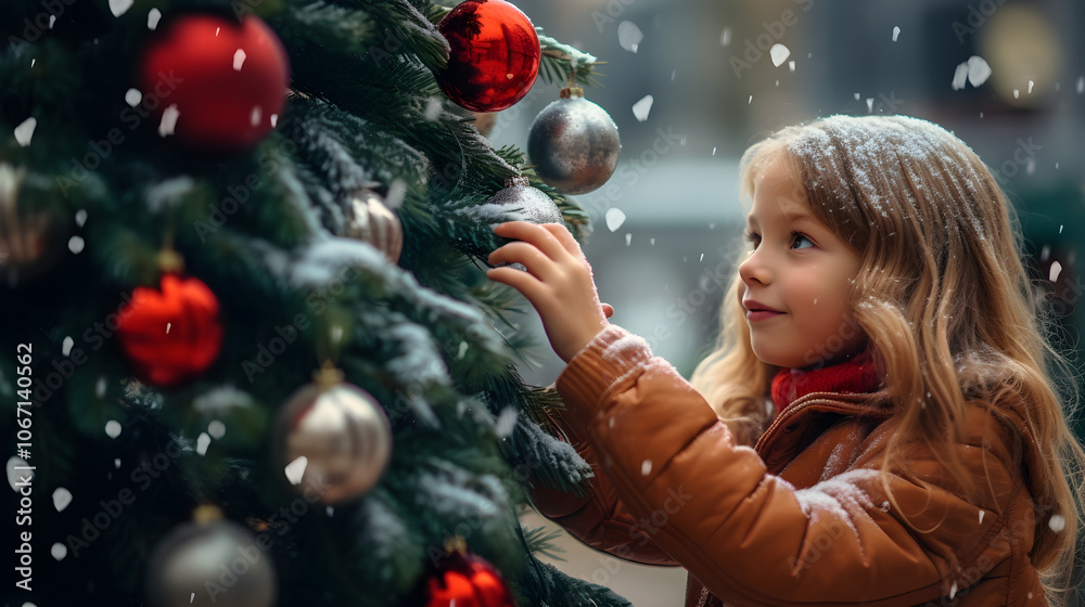 Little Girl Decorating Christmas Tree in Snowy Weather Little Girl Decorating Christmas Tree in Snowy Weather