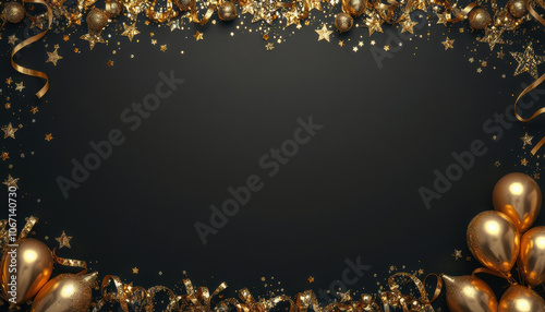 festive border featuring golden decorations, stars, and ribbons on black background, perfect for New Year celebrations