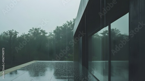 Obraz na płótnie Rainsoaked glass facade of a modern minimalist house AI generated illustration w salonie