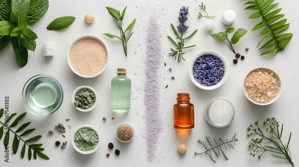 Raw materials of organic cosmetics arranged in a minimal setting AI generated illustration Raw materials of organic cosmetics arranged in a minimal setting AI generated illustration