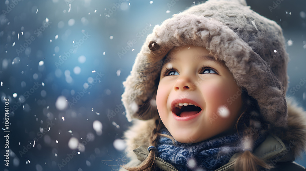 Happy Child Looking Up At Snowflakes Winter Portrait Happy Child Looking Up At Snowflakes Winter Portrait