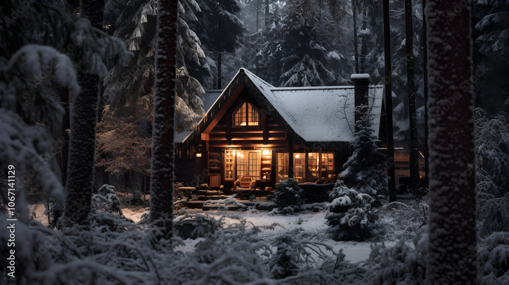 Cozy Cabin in Snowy Forest Winter Wonderland Warm Lights Forest Trees
