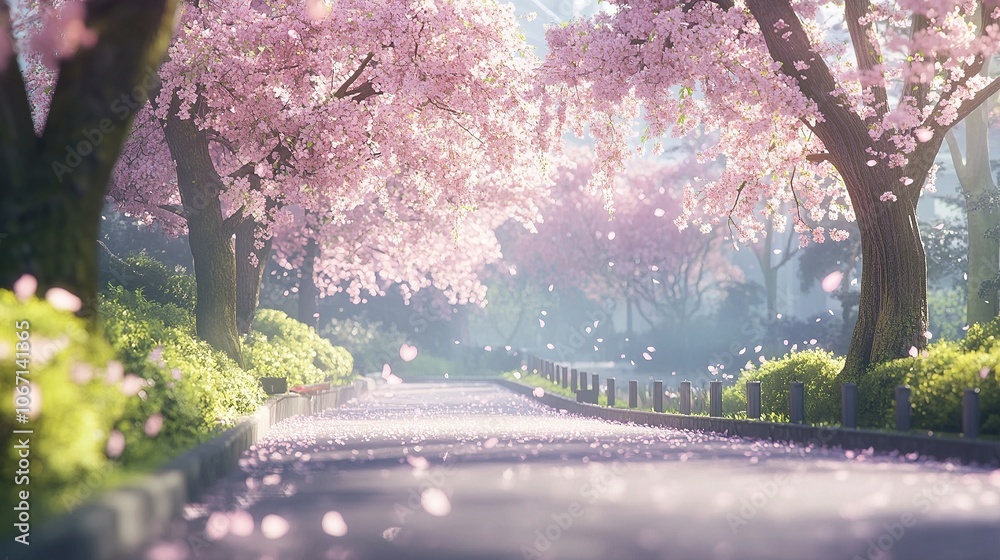 Serene park with cherry blossoms and empty bench. Serene park with cherry blossoms and empty bench.