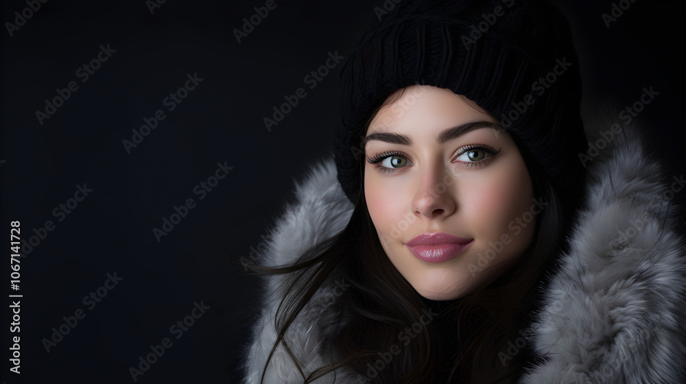 Beautiful Woman in Furry Winter Coat and Knit Hat Fashion Portrait Beautiful Woman in Furry Winter Coat and Knit Hat Fashion Portrait
