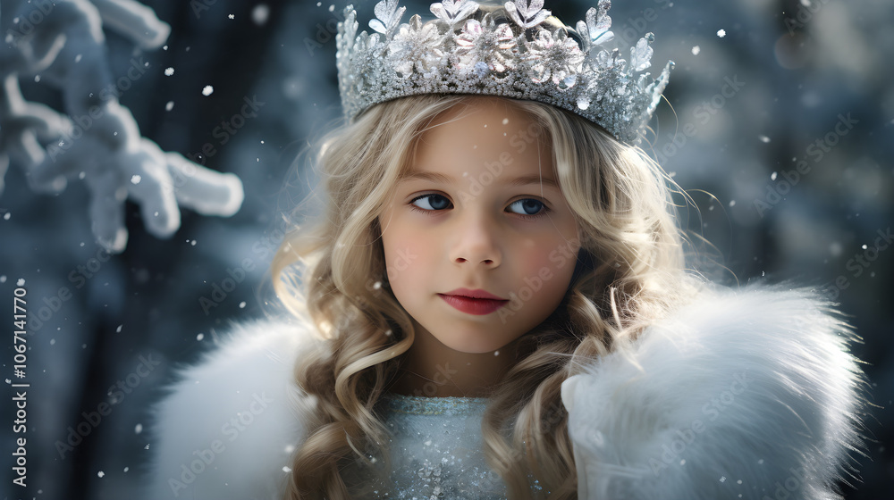 Young Girl in Winter Wonderland with Crown and Furry Cape Young Girl in Winter Wonderland with Crown and Furry Cape