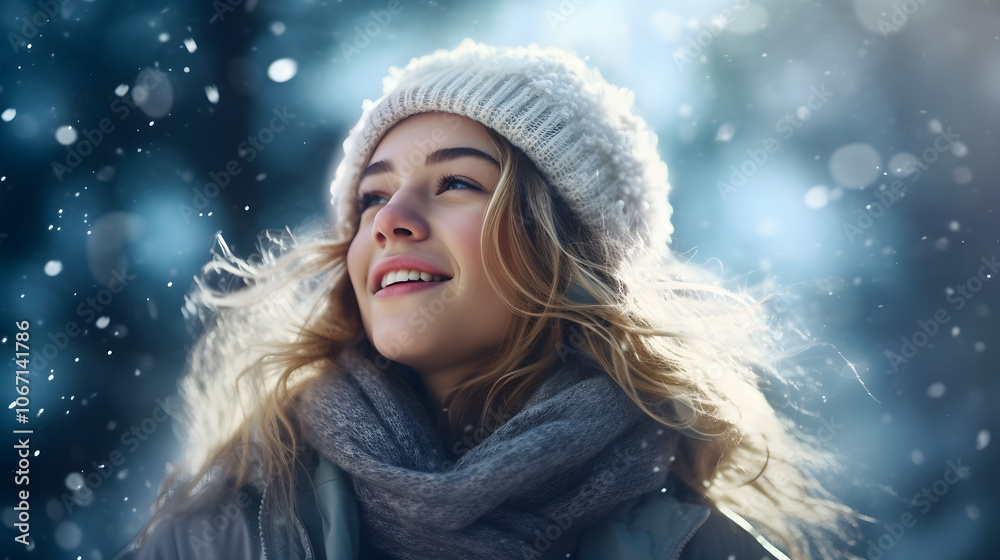 Happy Woman in Winter with Snow Falling Portrait Winter Wonderland Cold Weather Holid Happy Woman in Winter with Snow Falling Portrait Winter Wonderland Cold Weather Holid
