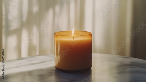 Close-up of a Large Scented Candle with a Flickering Flame, Ideal for Home Decor and Relaxation Scenes