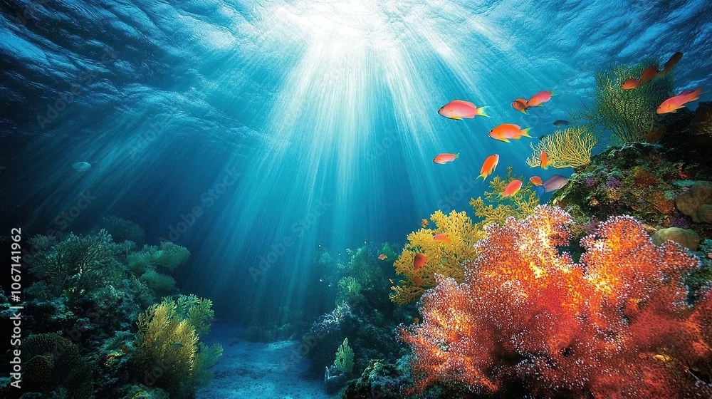 Obraz premium Vibrant coral reef with colorful fish and sun rays.