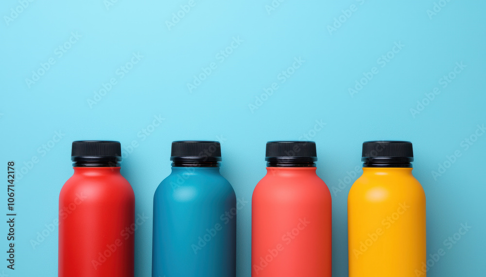 Four colorful water bottles lined up against a blue background, showcasing vibrant hues of red, blue, pink, and yellow. Four colorful water bottles lined up against a blue background, showcasing vibrant hues of red, blue, pink, and yellow.