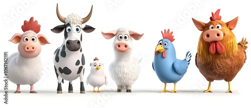 Friendly cartoon set of farm animals including a cow sheep pig and chicken with gentle expressions in a colorful barnyard setting  Cute and whimsical for agricultural rural or design elements