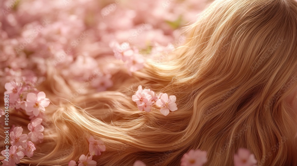 Naklejka premium Blonde hair flowing over pink blossoms.
