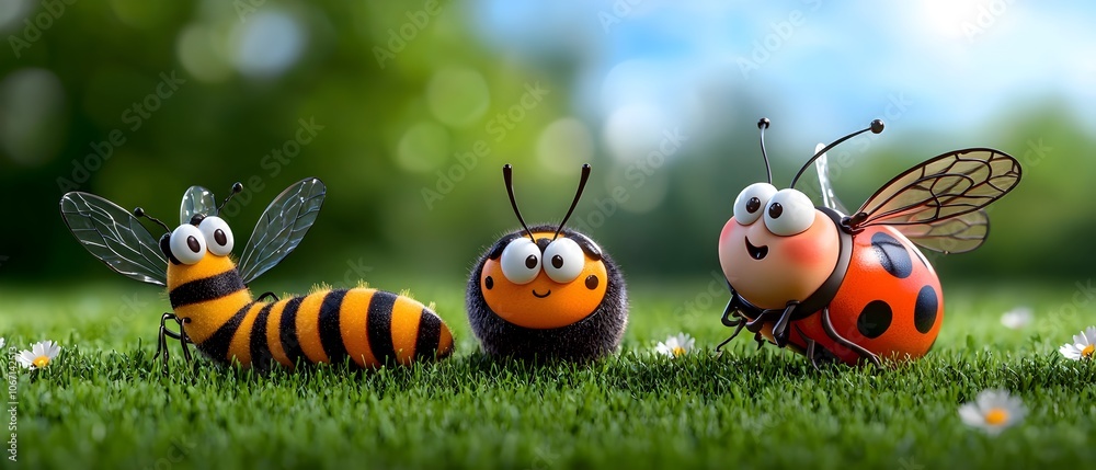 Delightful cartoon featuring a collection of adorable insects including a cheerful butterfly ladybug bee and caterpillar happily interacting in a vibrant spring meadow landscape Delightful cartoon featuring a collection of adorable insects including a cheerful butterfly ladybug bee and caterpillar happily interacting in a vibrant spring meadow landscape