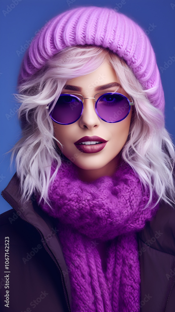 Fashionable Woman in Purple Knitted Hat Scarf and Sunglasses Fashionable Woman in Purple Knitted Hat Scarf and Sunglasses
