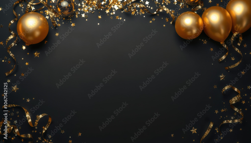 Golden balloons and stars on black background create festive New Year atmosphere, perfect for celebrations and parties Golden balloons and stars on black background create festive New Year atmosphere, perfect for celebrations and parties