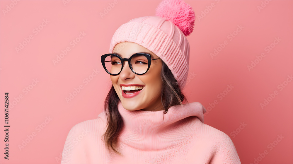 Happy Woman Wearing Pink Beanie and Glasses Smiling on Pink Background Happy Woman Wearing Pink Beanie and Glasses Smiling on Pink Background