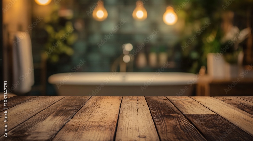 Rustic wooden table in foreground with blurred bathroom interior, featuring a white bathtub and warm ambient lighting, creating a cozy and inviting spa-like atmosphere. Rustic wooden table in foreground with blurred bathroom interior, featuring a white bathtub and warm ambient lighting, creating a cozy and inviting spa-like atmosphere.