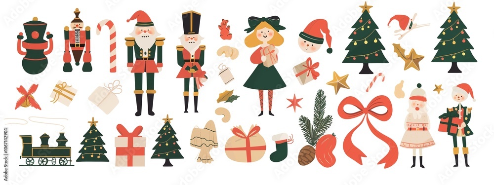 Christmas-Themed Stickers Set – Nutcrackers, Presents, Santa, Toy Trains, Gummy Bears, Candy Canes, Trees & Garlands – Cute Illustrations in Flat Design with Ribbons and Bright Colors Christmas-Themed Stickers Set – Nutcrackers, Presents, Santa, Toy Trains, Gummy Bears, Candy Canes, Trees & Garlands – Cute Illustrations in Flat Design with Ribbons and Bright Colors