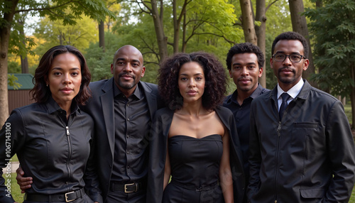 Group portrait of five stylish African American adults, confident poses, outdoor lush greenery