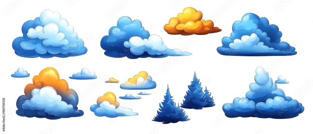 Various cartoon-style clouds and pine trees on a white isolated background