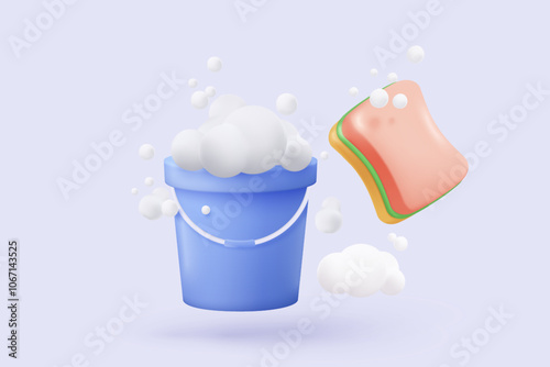 3d plastic bucket icon signs with soapy foam. House cleaning and washing household accessories. 3d water bucket realistic icon vector render illustration