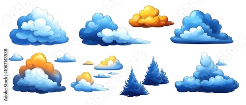 Obraz na płótnie Various cartoon-style clouds and pine trees on a white isolated background w salonie