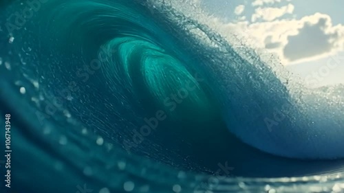 Perfect blue ocean wave breaks on the shore in the Bali. Honeymoon surfing spot near the island of Himmafushi