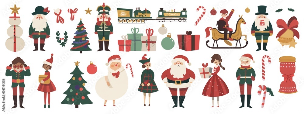 Christmas-Themed Stickers Set – Nutcrackers, Presents, Santa, Toy Trains, Gummy Bears, Candy Canes, Trees & Garlands – Cute Illustrations in Flat Design with Ribbons and Bright Colors Christmas-Themed Stickers Set – Nutcrackers, Presents, Santa, Toy Trains, Gummy Bears, Candy Canes, Trees & Garlands – Cute Illustrations in Flat Design with Ribbons and Bright Colors