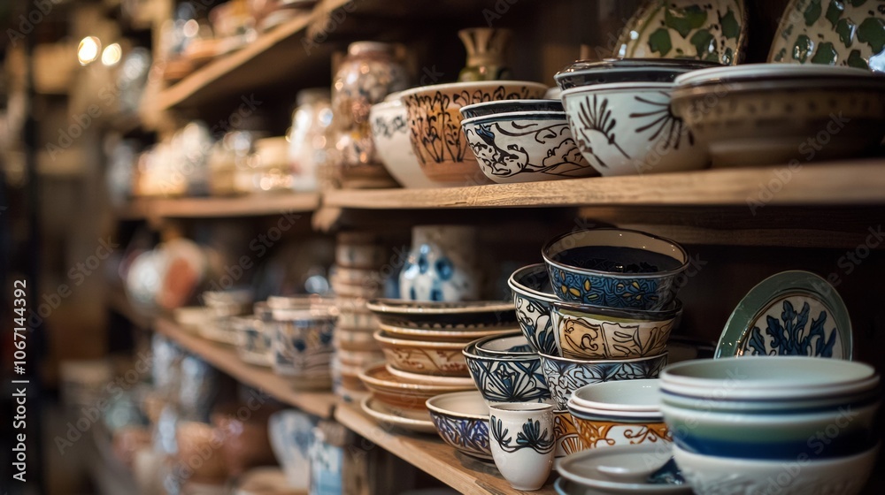 Handcrafted Ceramic Bowls on Store Shelf with Intricate Designs Handcrafted Ceramic Bowls on Store Shelf with Intricate Designs
