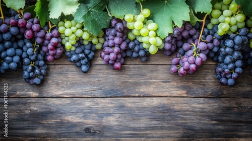 A backdrop filled with mixed bunches of grapes, purple and green, scattered on a rustic wooden surface.