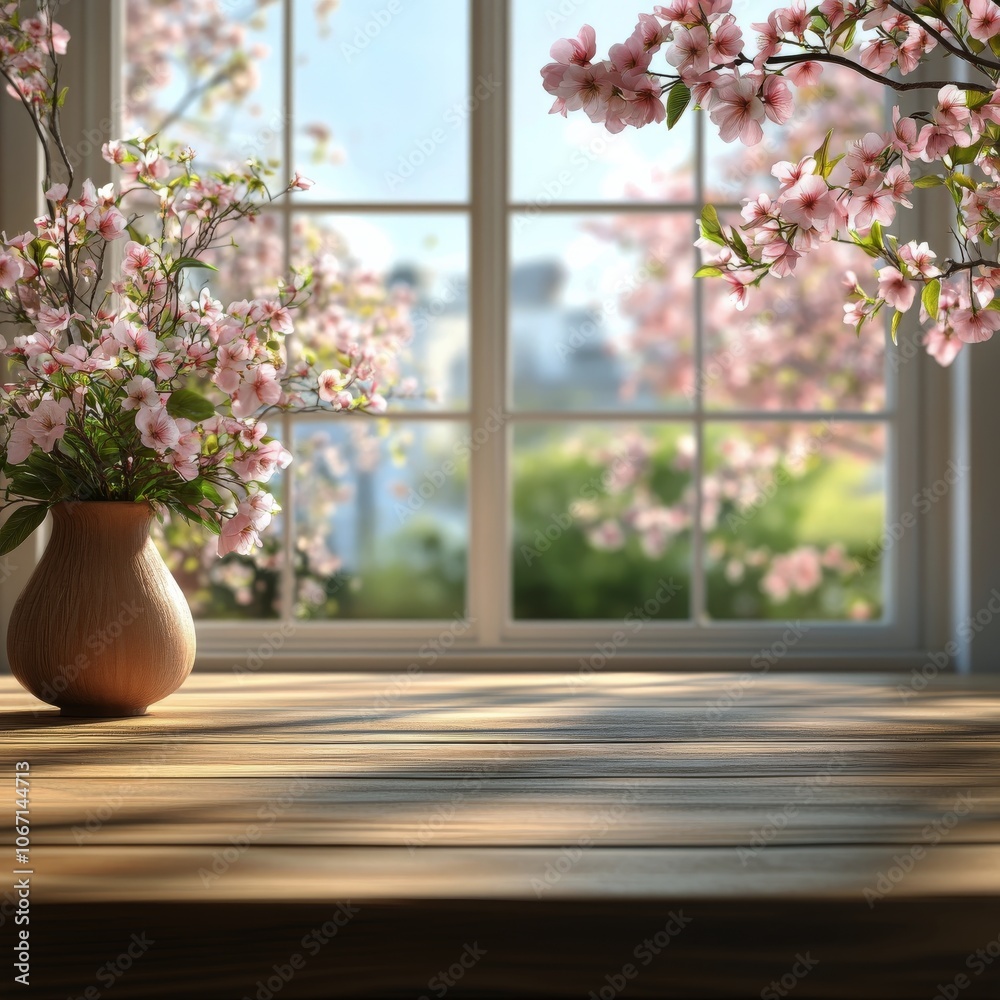 Blossoming flowers and wooden table in a sunlit room with a garden view during springtime