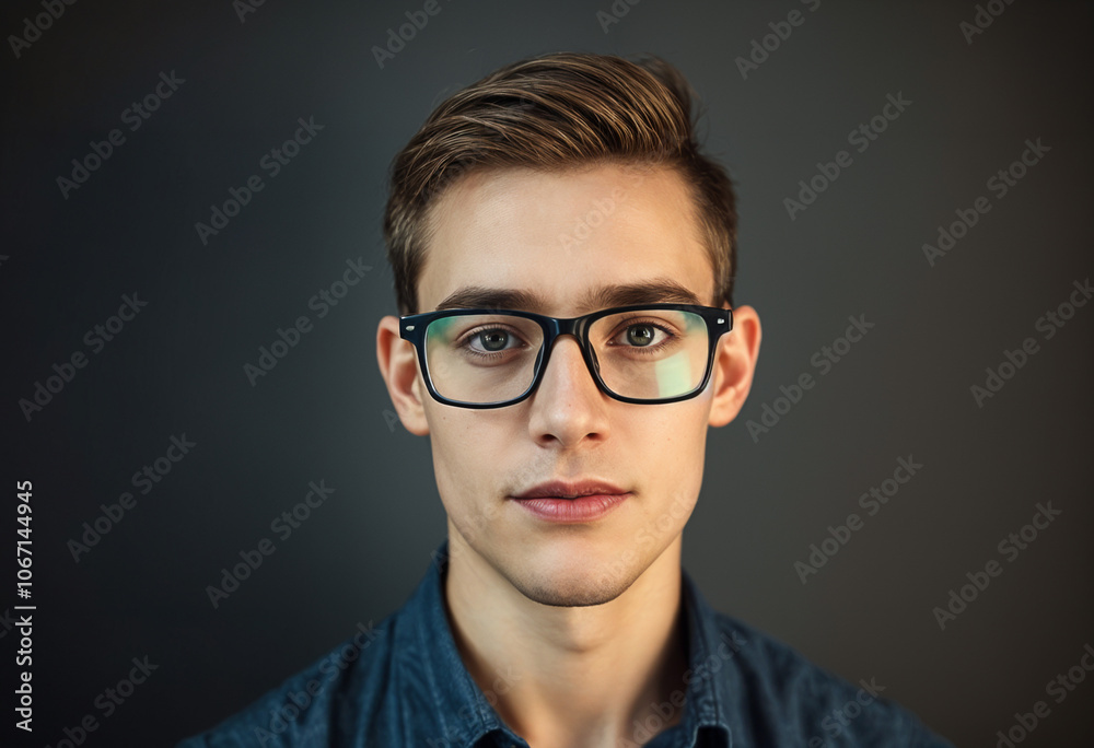 Young man wearing glasses, blue sweater, looking at camera. Young man in glasses and blue sweater makes direct eye contact. Perfect for portraying confidence in business or casual settings. Young man wearing glasses, blue sweater, looking at camera. Young man in glasses and blue sweater makes direct eye contact. Perfect for portraying confidence in business or casual settings.