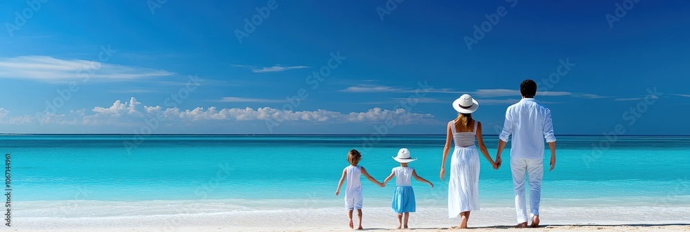 Family walking on beach, enjoying a sunny day by the sea.