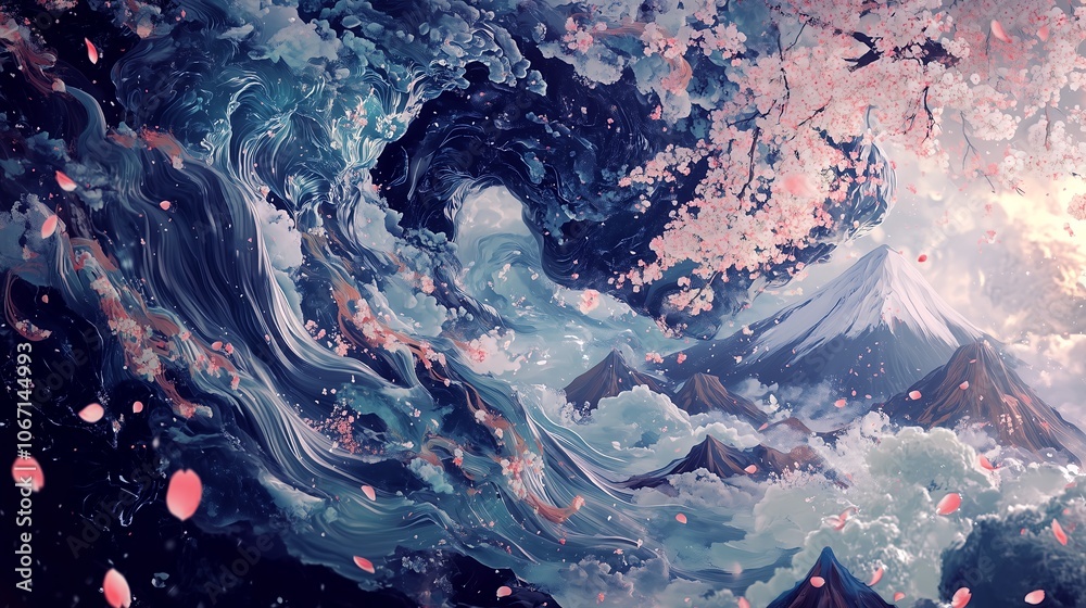 日本と海と波と桜 日本と海と波と桜
