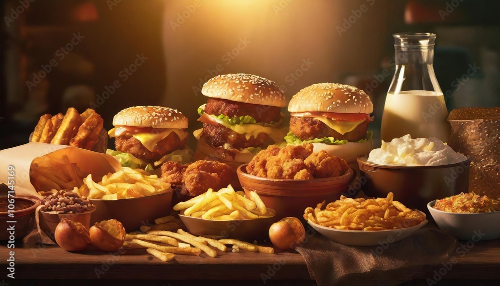 many junk unhealthy fast food on the table ultra processed food concept low nutrition value high calories value 