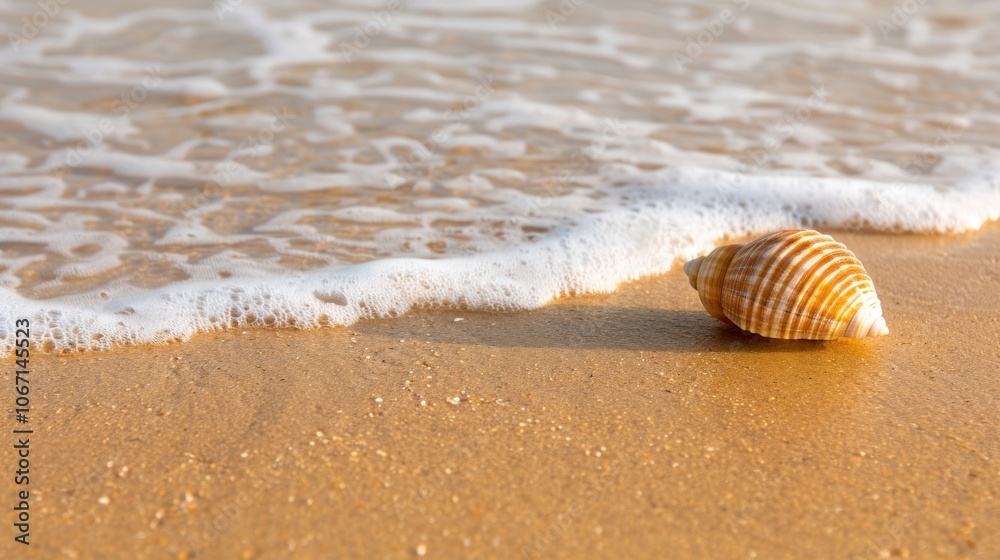 Seashell on sandy beach with gentle ocean waves Seashell on sandy beach with gentle ocean waves