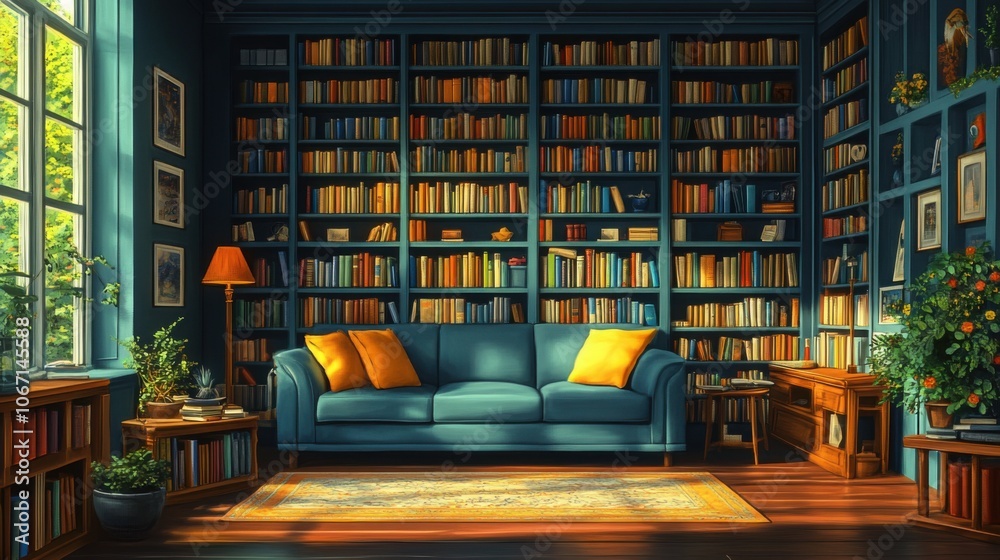 Couch in a room with a book shelf