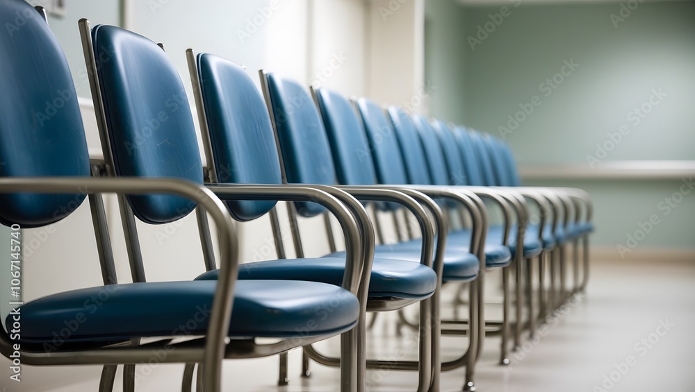 Fototapeta premium Rows of empty chairs line the hospital's outpatient building.