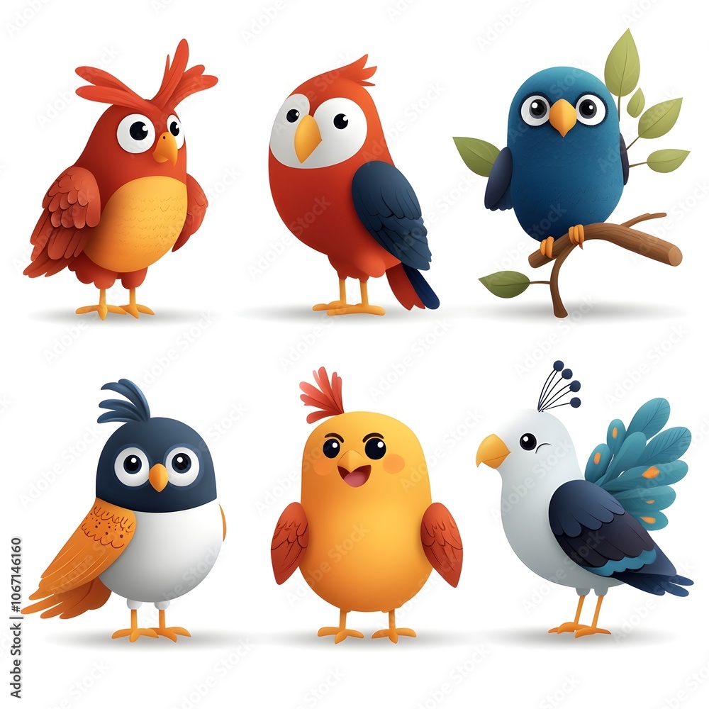 Vibrant Collection of Cartoon Birds Featuring a Parrot Owl Peacock and Dove with Distinctive Bright Colors and Intricate Patterns in a Modern Stylized Design Vibrant Collection of Cartoon Birds Featuring a Parrot Owl Peacock and Dove with Distinctive Bright Colors and Intricate Patterns in a Modern Stylized Design