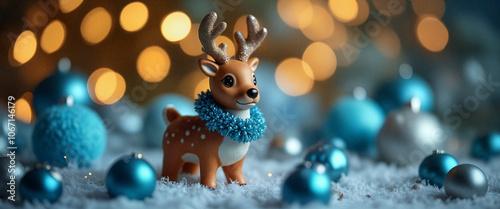 A toy reindeer wearing a blue scarf surrounded by blue and silver ornaments